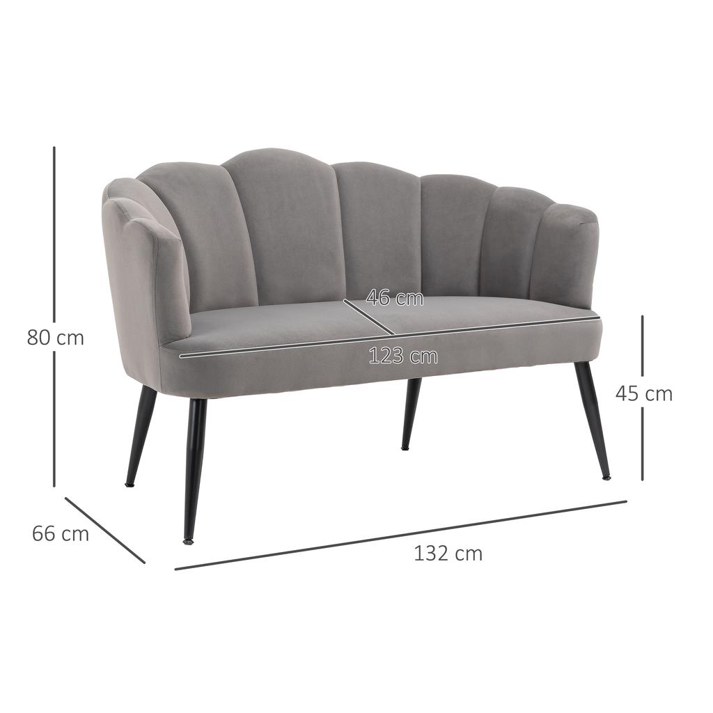 2-Seater Sofa in Velvet with Metal Legs and Shell-Shaped Backrest, 132x66x80cm, Grey