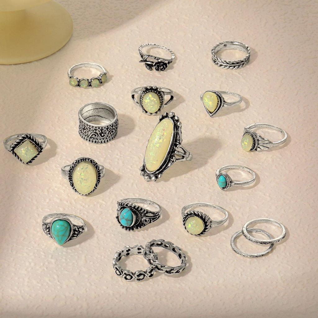 Retro Turquoise Gemstone 18Pcs Personality Combination Ring Set