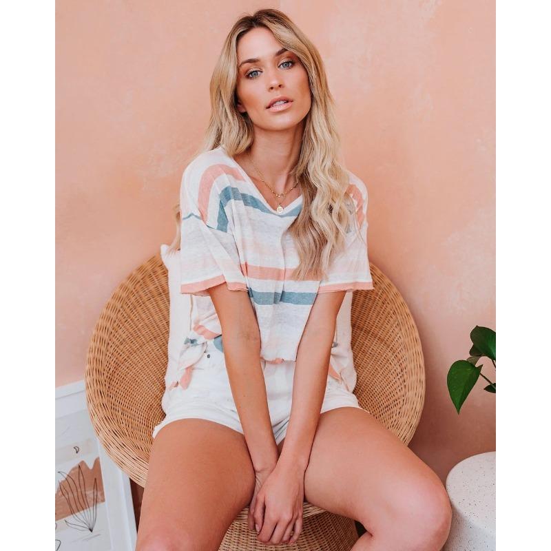 VEZFAA Women's Fashion Casual Summer Spring Stripe Print Short Sleeve O-Neck Blouses & Shirts