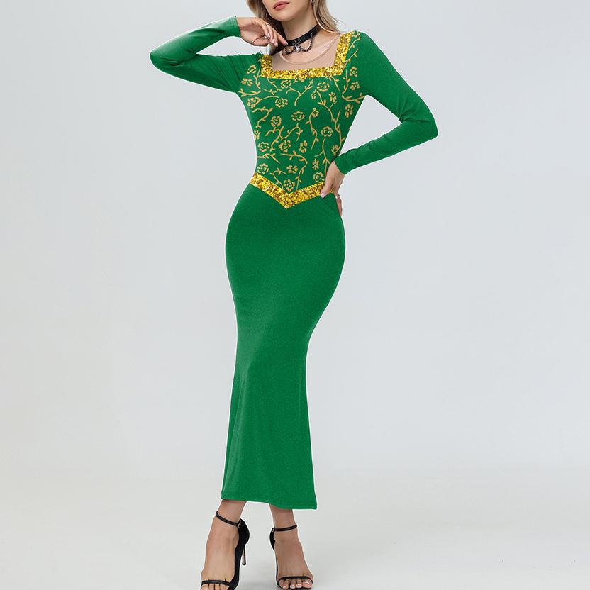 

autumn winter Cosplay Halloween women s clothing sequined maxi dresses personality green flower print long sleeved dress for women skirt Christmas S
