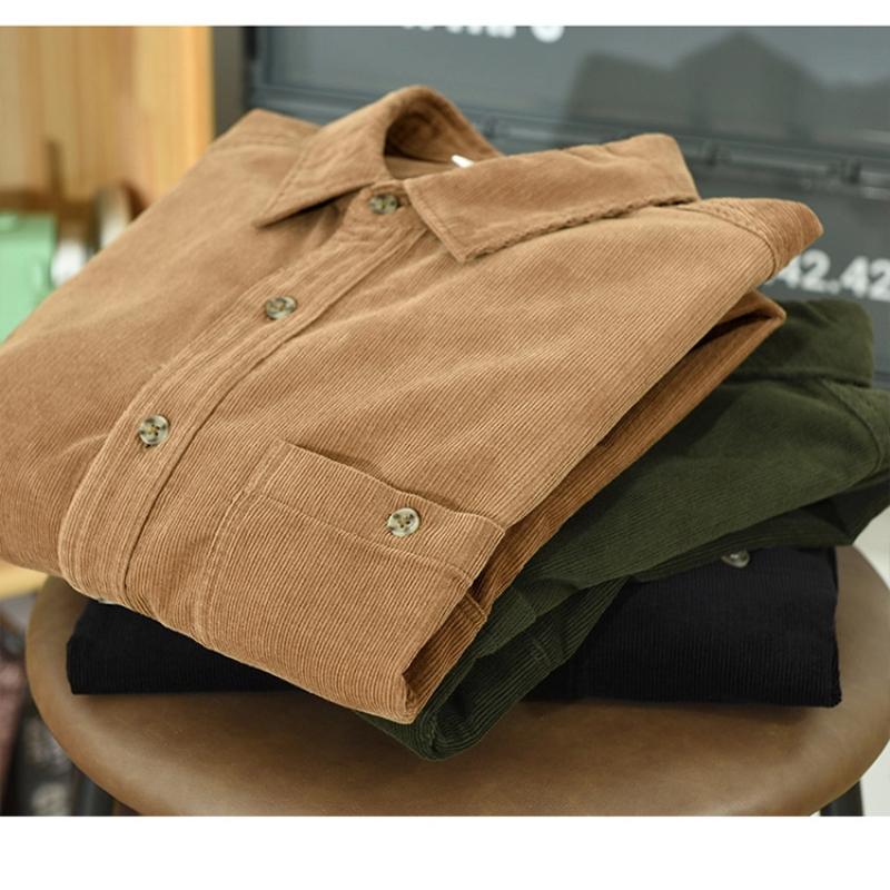 Spring Fall Shirts for Men Japanese Retro Style Corduroy Long Sleeve Men's Casual Shirt Daily Thin Coat Lapel Pocket 100 Cotton Button Shirt