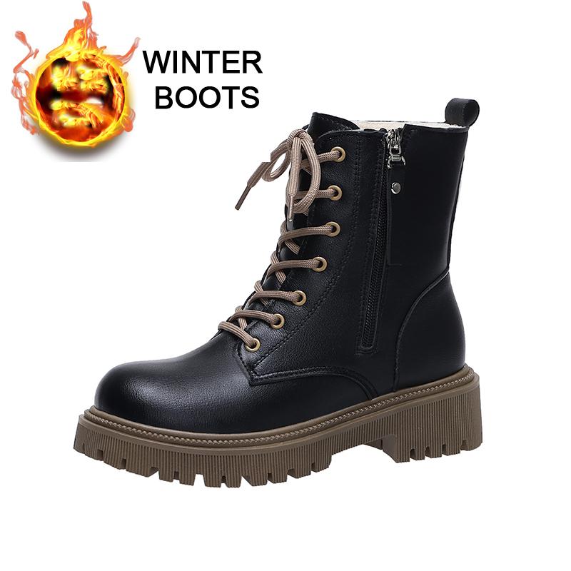 Women’s Winter Boots Casual Short Motorcycle Boots Street Style Black Warm Ankle Boots with Fur Plus Size