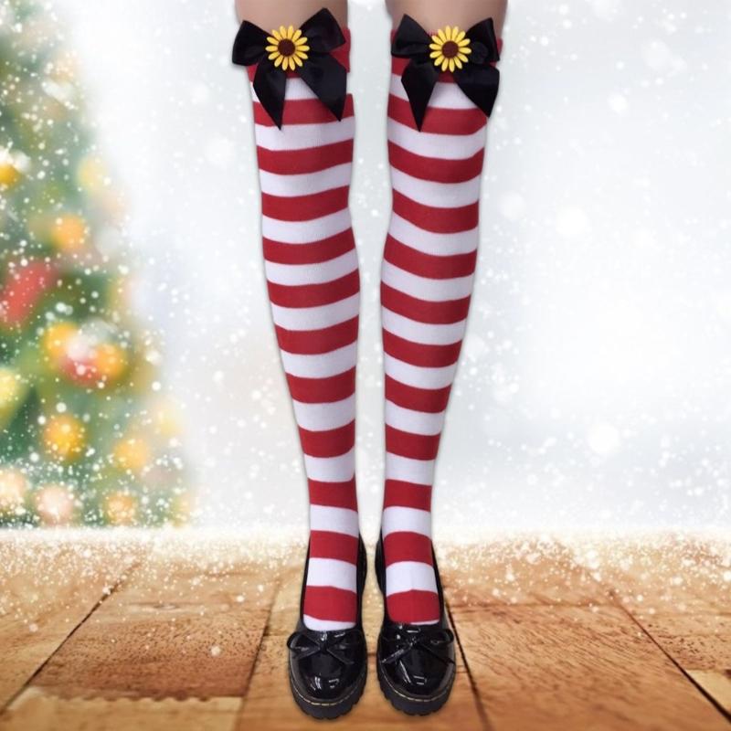 Festival-Schleifenakzent Gestreifte Lange Socken für Damen Weihnachtsfeiern Cosplay Oberschenkelhoch Über dem Knie Strümpfe Strumpfwaren