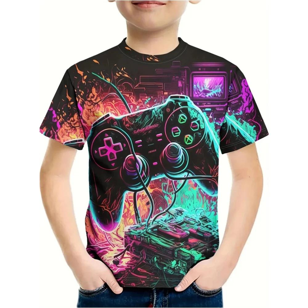 T-Shirt for Kids 3D Print Gamepad Doodle Boy's T-shirts Casual Round Neck Short Sleeves Tees Tops Summer Girl Clothing