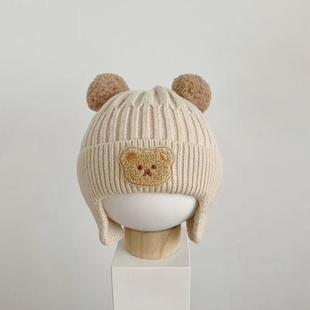 Children's bear ear hat baby cute cartoon double ball knitted velvet thickened windproof warm autumn and winter wool hat