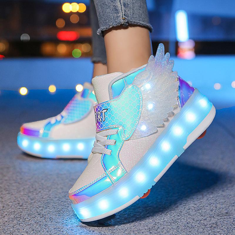 Kid's Four-wheel Detachable Flat Shoes Rechargeable LED Luminous Sports Shoes with Wings Children's Skates with Brakes Roller Skates sneakers