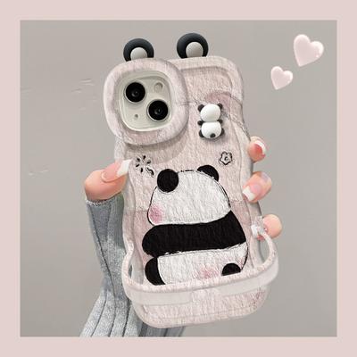 Toepasbaar op Apple 15pro Mobiele Telefoonhoesje Iphone13 Schattige Panda Pop 14 Onzichtbare Dubbele Beugel 12 Siliconen Xs