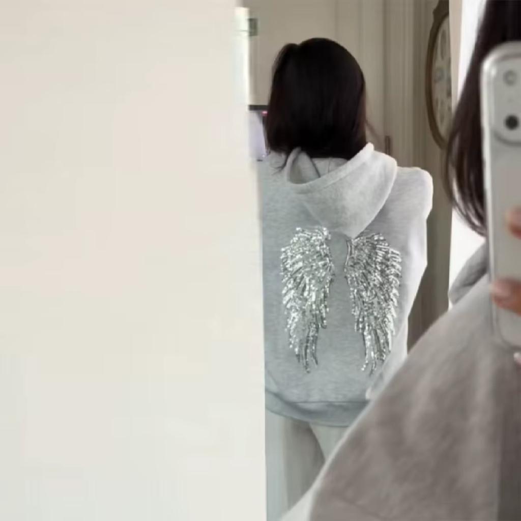 2KWEIRD Women's Shinny Sequin Angel Wings Hooded Jacket Pant Long Sleeve Loose Casual Hooded Pullover New Lady Y2K Autumn Outwears