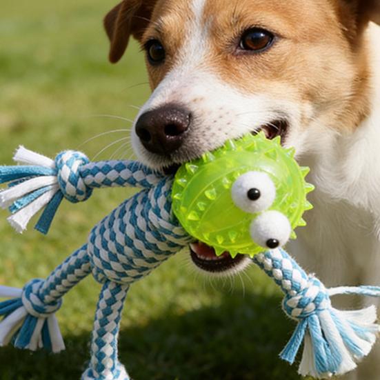 Dog Rope Chew Toy Squeaky Spiky Ball Cotton Rope Puppy Teething Toy Interactive Tug-of-War Toy Toy for Small And Medium Dogs Teeth Cleaning