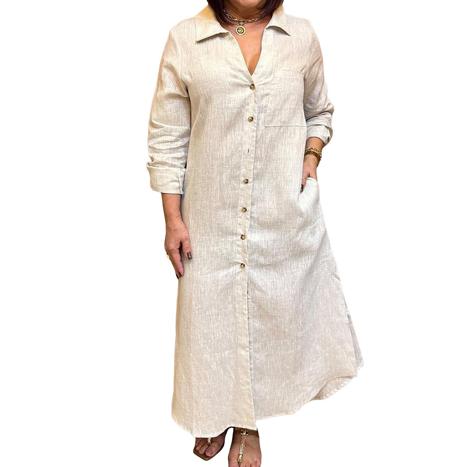 Women s Fashionable Loose-Fit Casual Long-Sleeve Cotton-Linen Blend Shirt Dress L бежевый