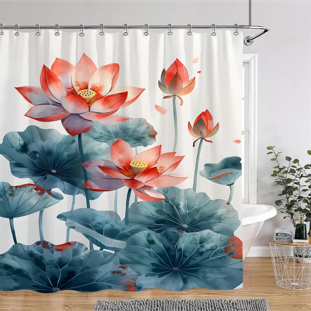 Lotus Flowers Shower Curtain Green Leaves Plant White Floral Chinese Style Home Wall Hanging Bathroom Curtains Decor with Hooks
