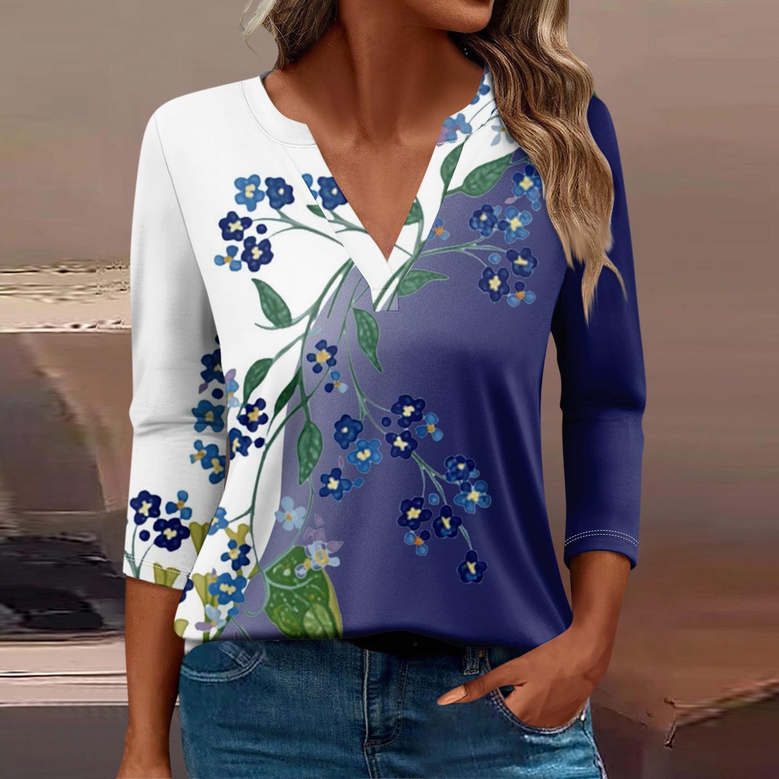 

Жіноча футболка з принтом і рукавами 3/4, щоденна мода на вихідні, базовий V-подібний виріз, звичайний топ XL фіолетовий