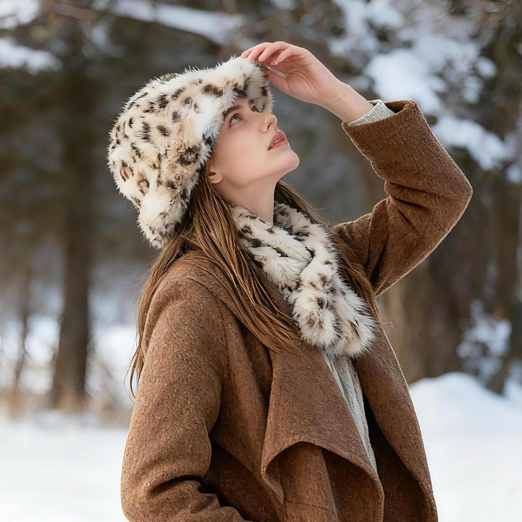 Women's Faux Mink Fur Bucket Hat Scarf Set, Classic Leopard Print Vegan Faux Fur Warm Set, Faux Fur Hat and Scarf For Winter