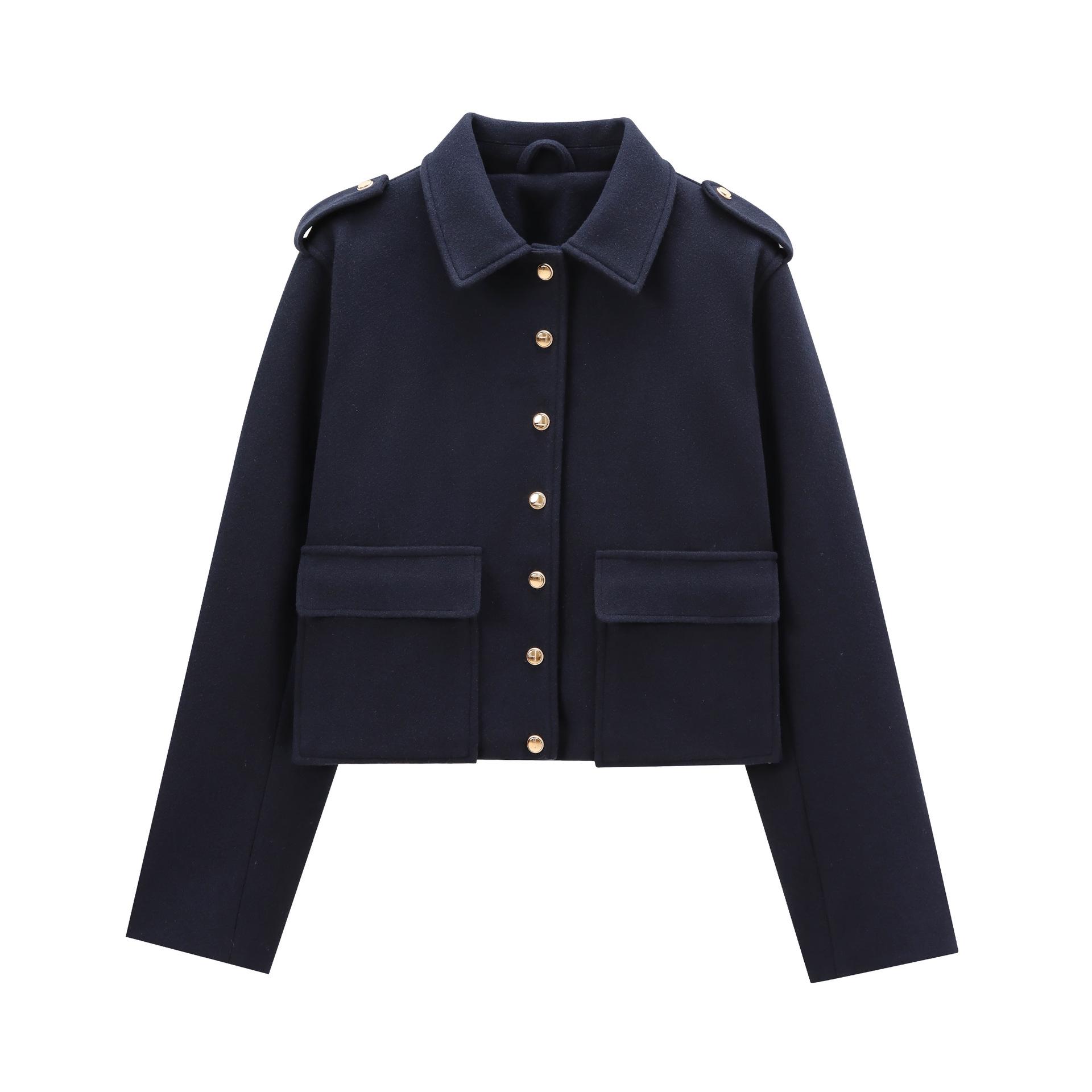 

Navy-Style Gold Button High-Waisted Autumn Jacket for Women Small чёрный
