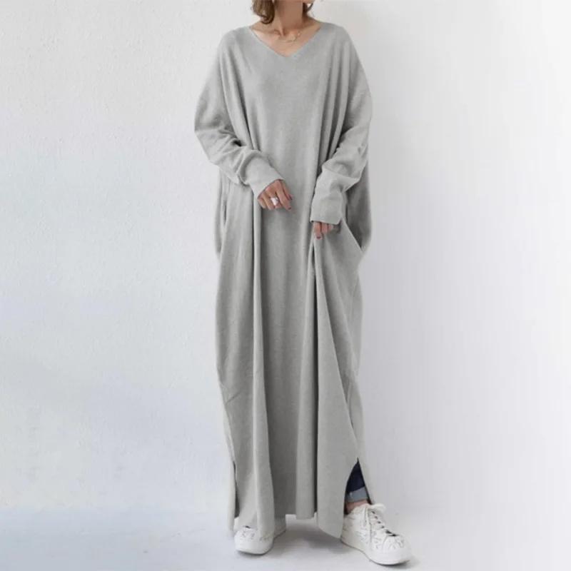 Fashionable Knitted Long Sleeve V-Neck Dress Casual Women's Maxi Dress Rabbit Fur Material Loose Waist Ankle-Length Skirt