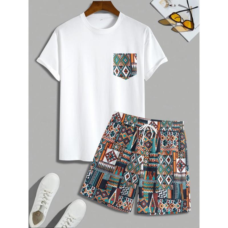 

Men s fashionable knitted short-sleeved T-shirt + shorts set, casual sportswear, men s casual wear 8XL
