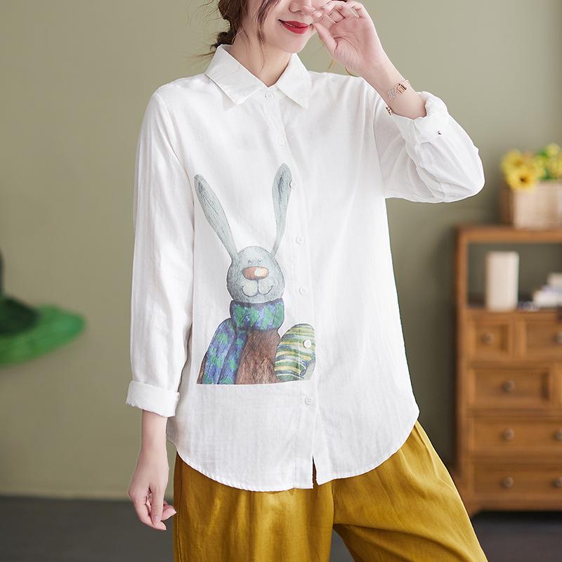 2025 Spring Women's V-Neck Cotton Linen Shirt - Long Sleeve, Loose, Plus Size, Trendy Cut Label