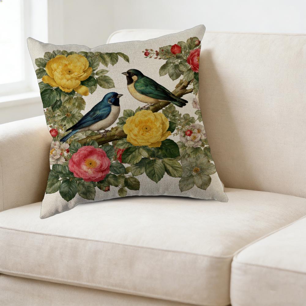 Square Decorative Pillow Case With Birds And Flowers Pattern In Cream Color For Living Room Bedroom Or Window Seat Decoration