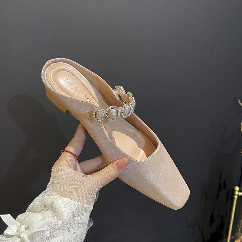 Женские полутапочки с квадратным носком с открытой пяткой на толстом низком каблуке Мэри Джейн с ремешком с бриллиантами универсальные мягкие 35 3894₽