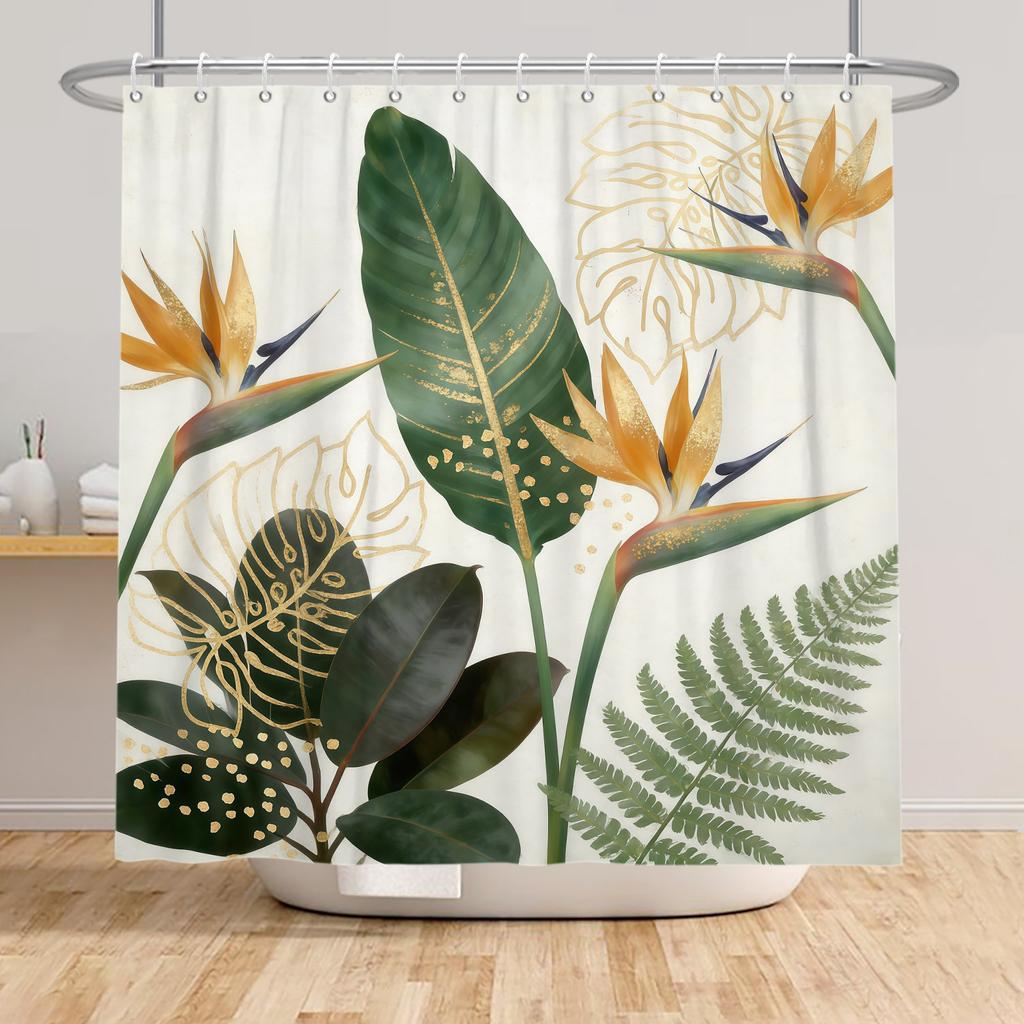 Badezimmer-Duschvorhang mit tropischem Pflanzenmotiv Grüne Blätter Lila Blumen Dekoration Wasserdichter Badezimmervorhang mit Haken