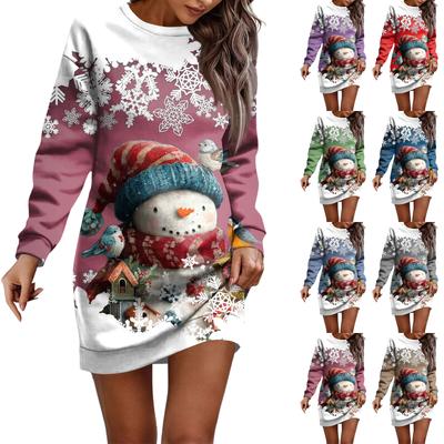 Long Sleeve Dress For Women Casual Christmas Printed Pullover Hip Pack Dress Sweater Dress