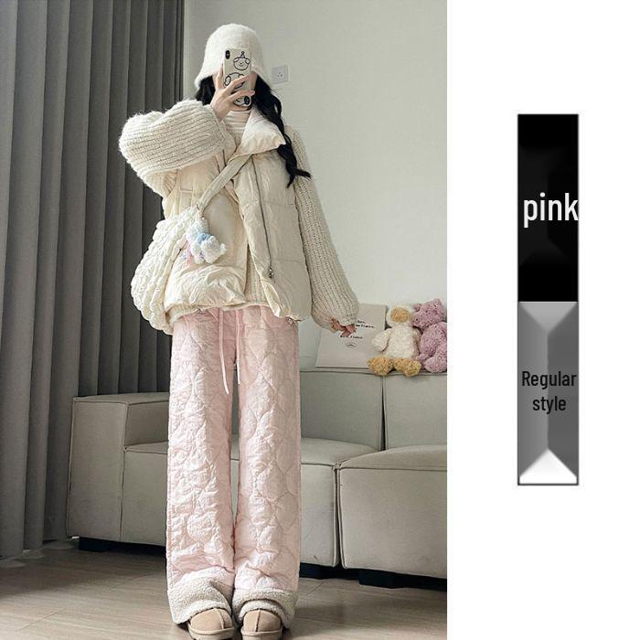 Pink High-Waist Fleece Lined Wide Leg Pants - Warm, Versatile, and Cozy for Autumn and Winter