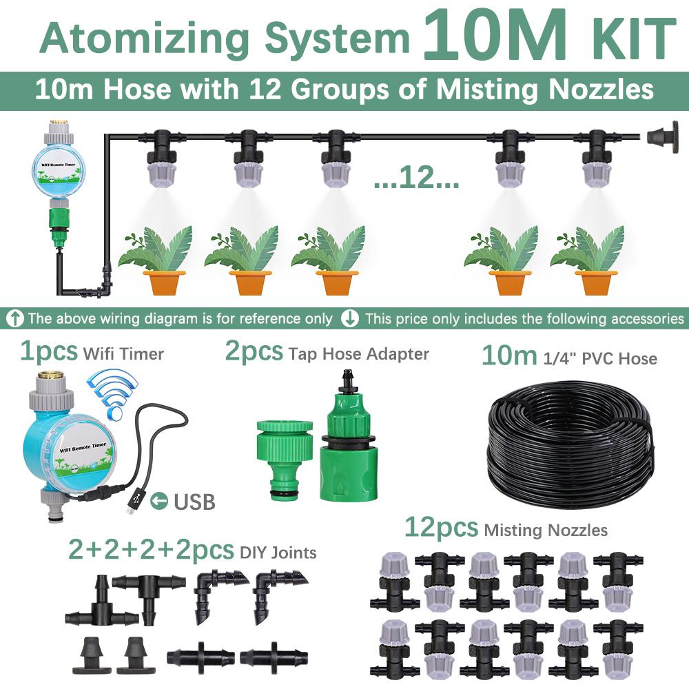 30-10m 60W Self-priming Pump Kit Misting Cooling System 1/4" 4/7mm Adjustable Nozzle Atomizer Sprayer Garden Irrigation Watering