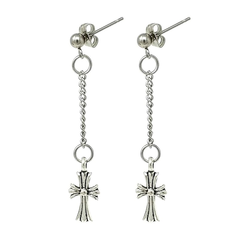 

[Puente] chain earrings cross set of 2 stainless 20G ring earrings chain chain simple stud earrings Swaying sway Swaying hanging down hanging silver