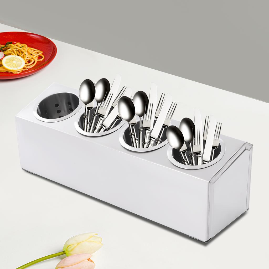Stainless Steel Flatware Organizer Caddy, 4-Hole Utensil Holder for Kitchen, Modern Minimalist Cutlery Storage, Compact Design