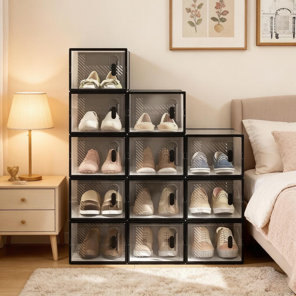 Stackable Shoe Storage Box,Storage Box,Modular Shoe Rack,Bookshelf,Toy Organizer,Wardrobe,Bathroom Cabinet(only with 12Pcs Storage Box)