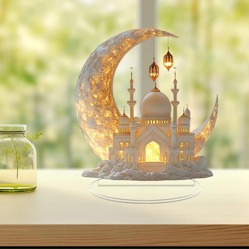 Eid Table Sign Home Decor Sign Ornament 2D Acrylic Tiered Tray Decoration Decorative Crescent Castle Ornament for Home Table