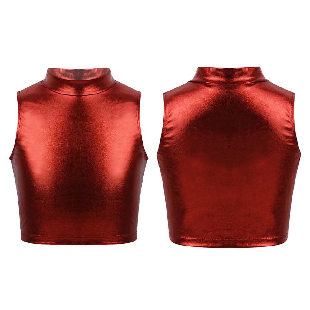 Girls Shiny Metallic Crop Tank Top Ballet Dance Jazz Hip Hop Performance Costumes
