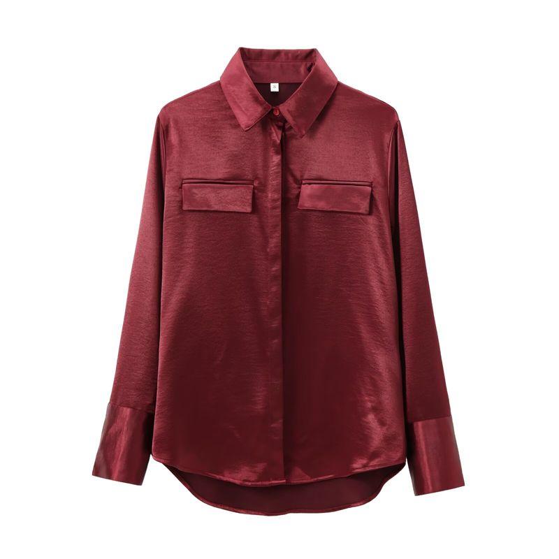 

Kaslead New Arrival Women s Fashion Style Fashion Pocket Silk Satin Texture Long Sleeves Shirt 8987213 Red L