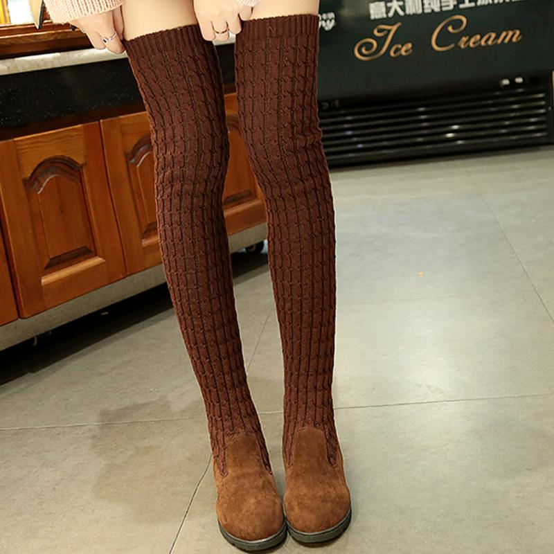 

Женские туфли на плоской подошве, высокие сапоги, повседневные выше колена, вязаные туфли, женская мода 2025 года, зимние дизайнерские удобные сапоги-носки Mujer Botas 41 коричневый