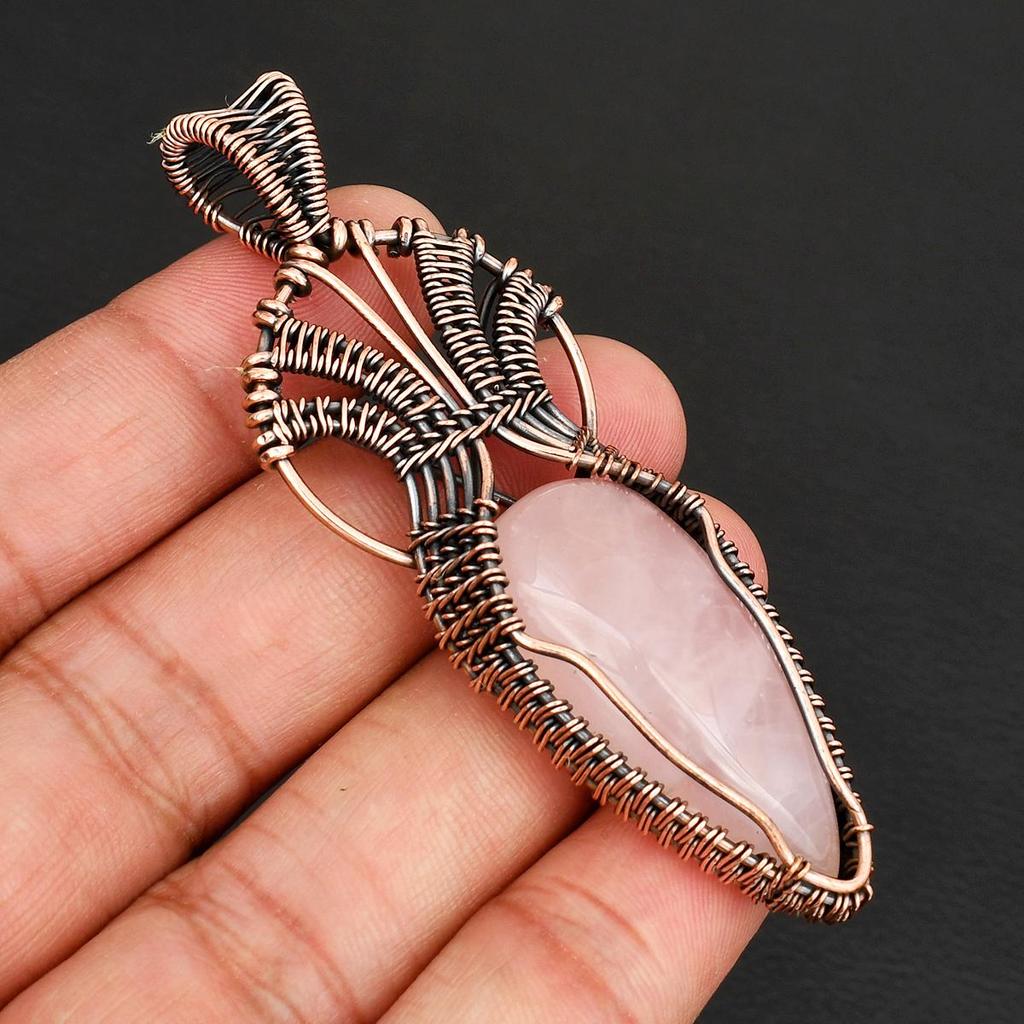 Vintage Style Rose Quartz Gemstone Copper Wire Wrap Pendant Unique Boho Pendant Anniversary or Birthday Jewelry Gift