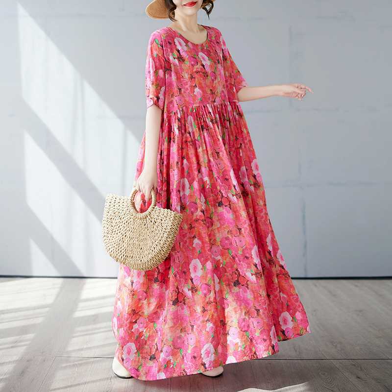Simple and Fashionable Long Skirt Summer Short Sleeved Round Neck Printed Dress