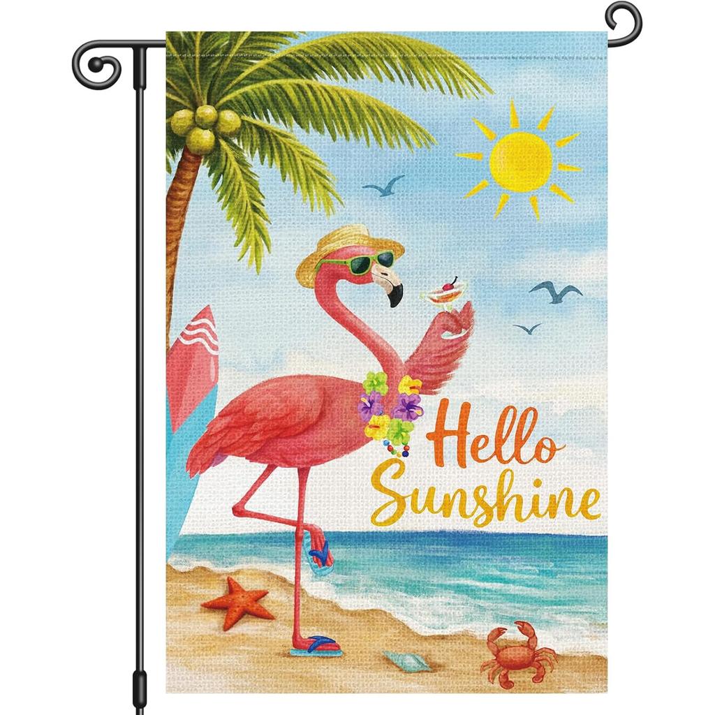 Summer Garden Flag, Hello Sunshine Flamingo Beach Yard Banner, Tropical Double-Sided Sign for Lawn, Porch, And Patio Decoration