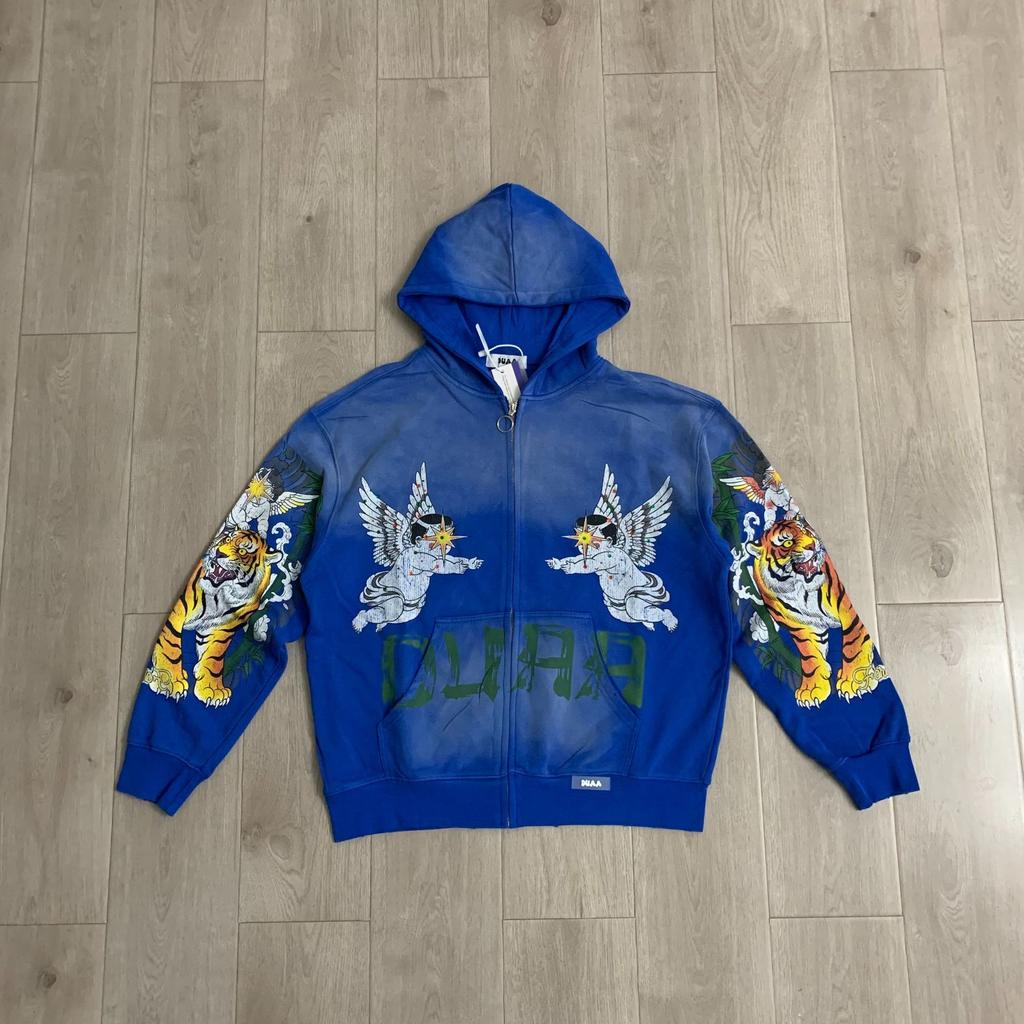 DUAA blue tiger print cardigan hooded sweater men's and women's same style retro old loose hot diamond zipper jacket