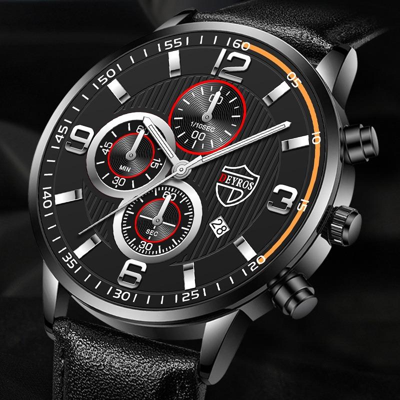 2PCS/Set DEYROS Luxury Men's Watch Fashion Men's Leather Strap Calendar Watch Casual Men's Quartz Watch Father's Day Gift