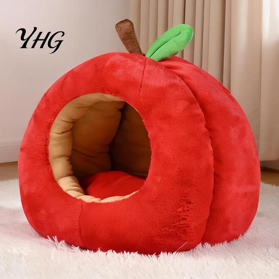 Removable Inner Pad Pet Cave Apple-Shaped Cat Bed, Plush Hideaway with Cushion, Warm Soft Cotton Sleeping Bag Cozy Enclosed Bed for Small Dogs