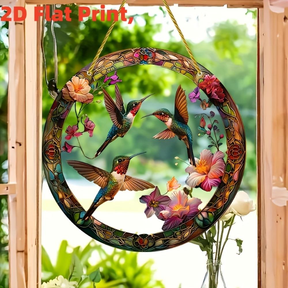 20CM 2D Flat Hummingbird Flower Color Art Translucent Round Window Hanging Decorative Acrylic Decorative Sun Catcher Parasol for   Garden Gift