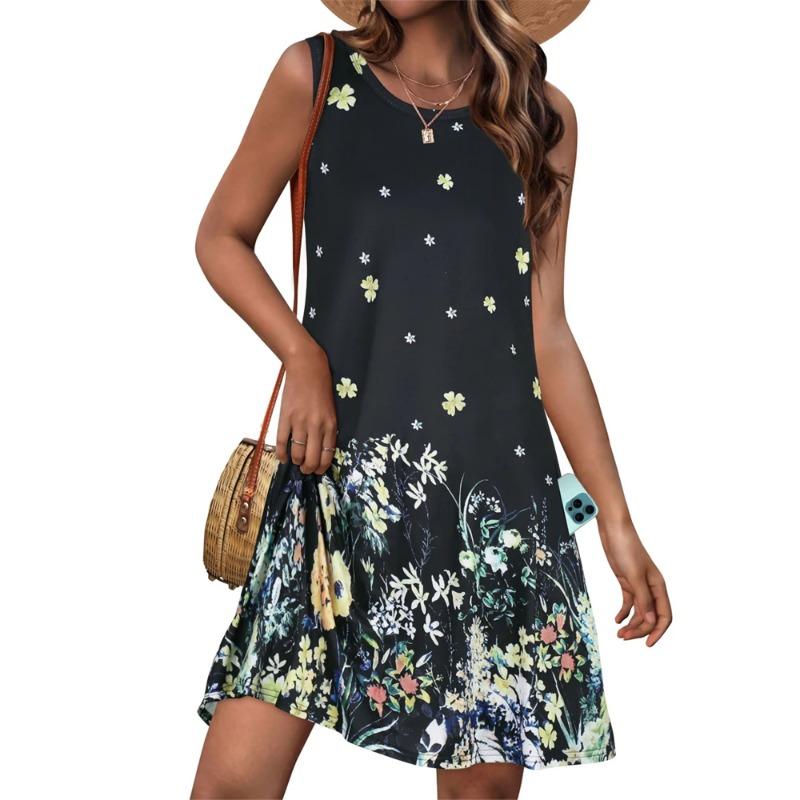 2026 New Summer Comfortable Women's Dresses Floral Print Simple Casual Loose Sleeveless Dresses Beach Resort Style Short Dresses