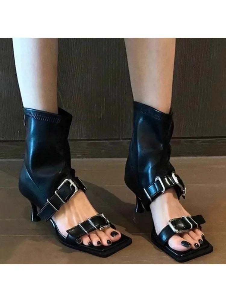 Fashion Summer New Square Toe Open Toe Metal Buckle Booties Women's Cutout Fish Mouth Stiletto Non-slip Women's Sandals