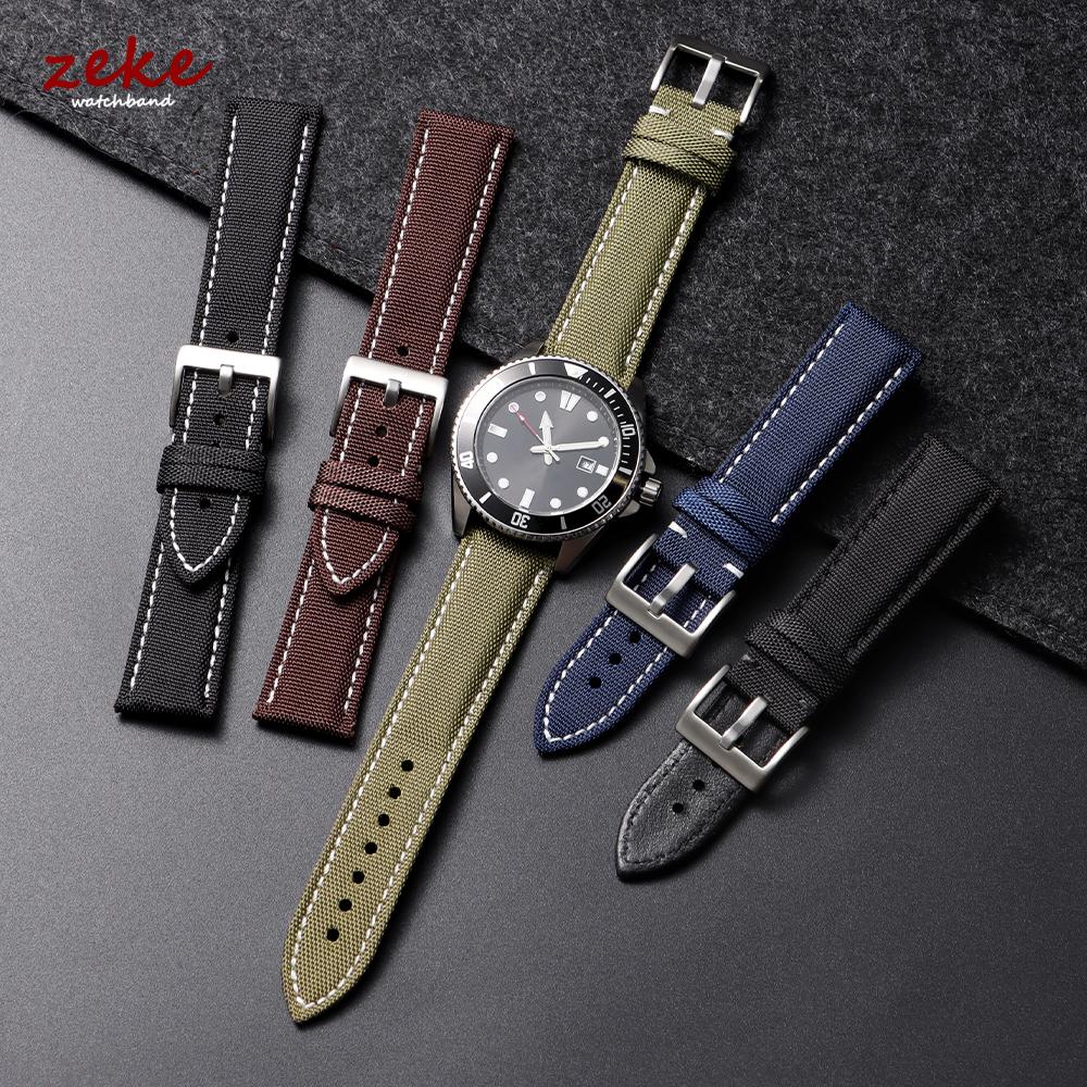 Correa de Reloj de Lona 22mm 24mm Correa de Reloj de Nylon y Cuero Impermeable para Seiko para Omega Pulsera Deportiva Cinturón con Costura Hecha a Mano