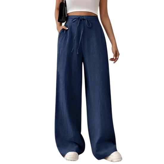 

Women Pants Loose Fit Elastic Waist Straight Wide Leg Casual Pants with Pockets Pure Color Work Travel Trousers Daily Wear M синий