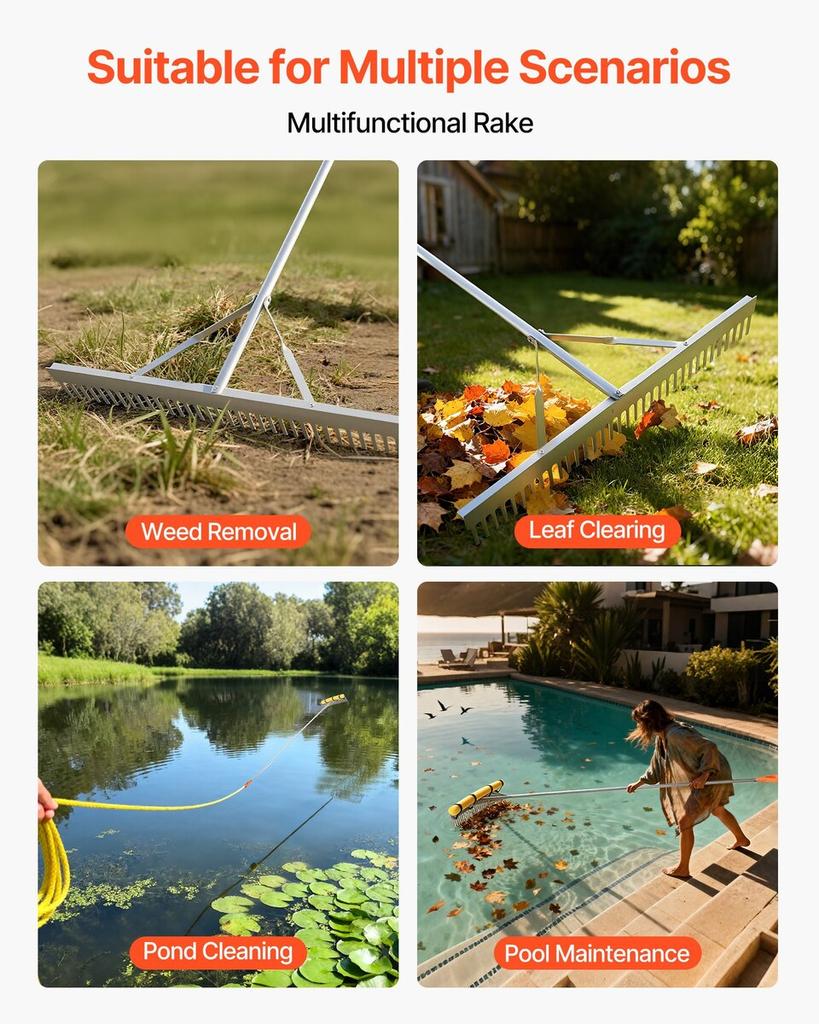 Landscape Rake, 914 mm Wide Head 2590 mm Handle, Large Heavy Duty Aluminum Landscaping Leaf Rake Tool, Asphalt Level for Loosening Soil, Garden &