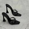 2025 Spring new square head square head cross rhinestone high heels black satin fine heel sandals sexy women's shoes