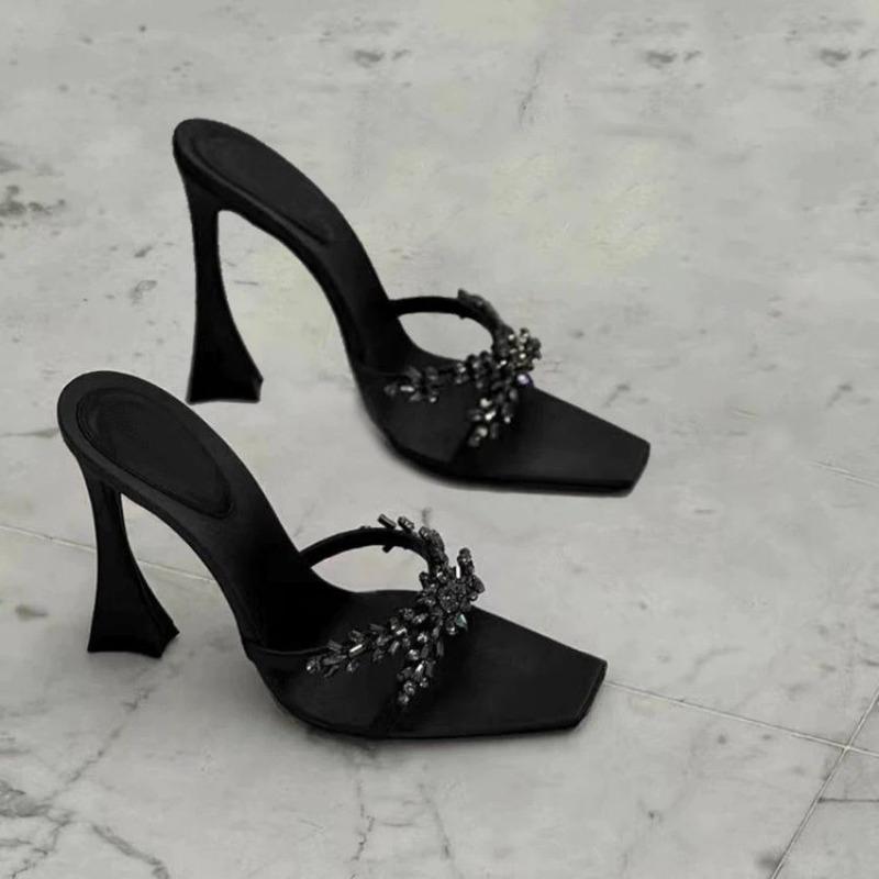2025 Spring New Square Head Square Head Cross Rhinestone High Heels Black Satin Fine Heel Sandals Sexy Women's Shoes