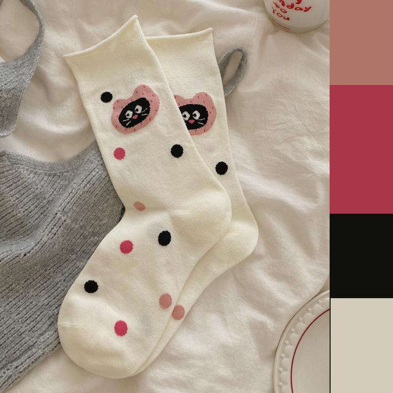Rolled-up Socks for Women, Autumn Red and White Mid-calf Socks, Cartoon Bear Pile Socks, Striped Boneless Socks