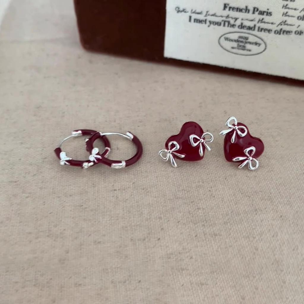 Real 925 Silver Hollow Bowknot Heart Hoop Earrings For Women Classic Fine Jewelry Niche Light Accessories